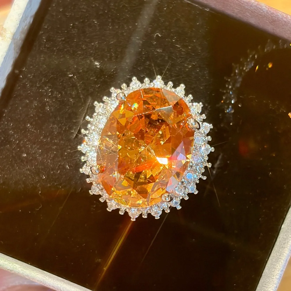 New Oval Orange Halo Ring - Simulated Citrin Cocktail eternal Ring in 7